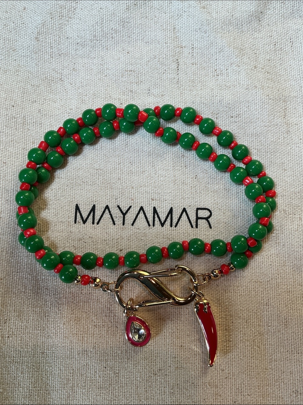 Green and Red Beaded Necklace with Red Pepper Charm & Crystal Pear Shaped Charm